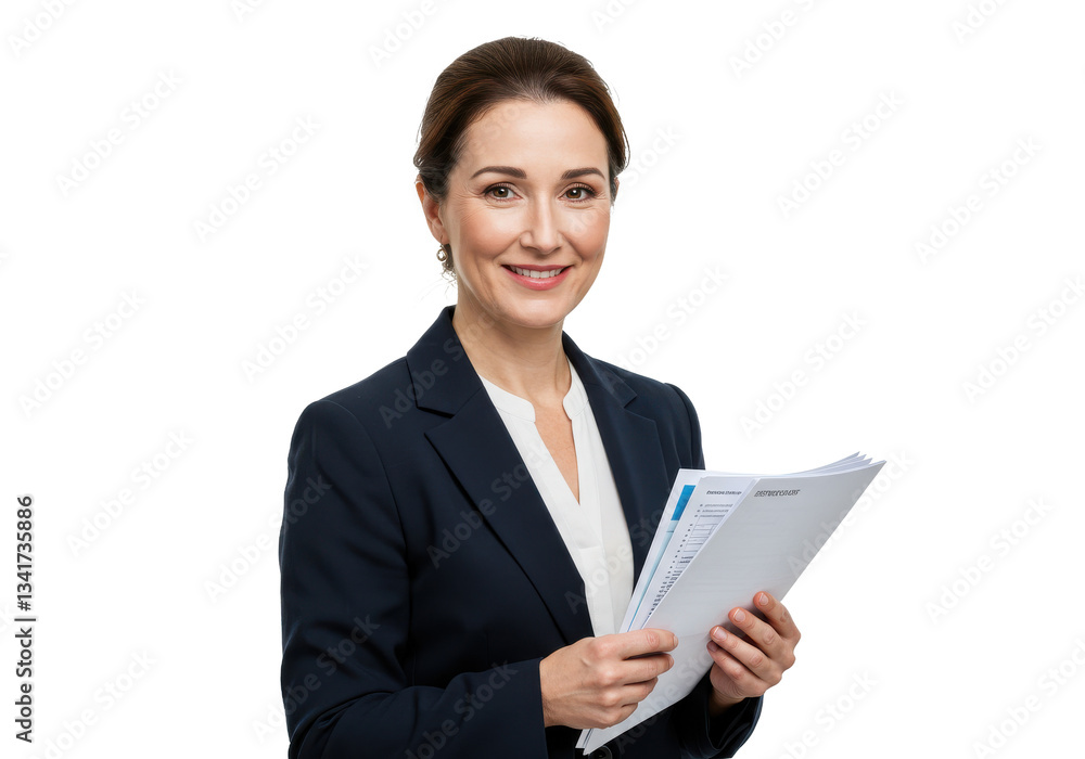 Cheerful woman supervisor holding documents isolated on White background Cheerful woman supervisor holding documents isolated on White background