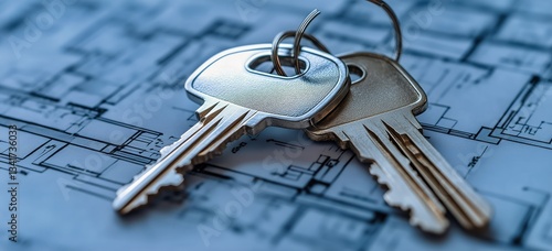 Key Set Placed on Architectural Blueprints in a Workspace for Planning and De...