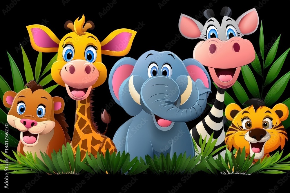 Naklejka premium A group of cartoon animals are standing together in a jungle