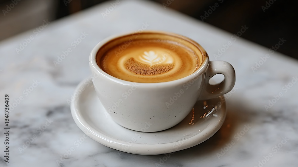 Flat white coffee in white cup on marble table. Flat white coffee in white cup on marble table.