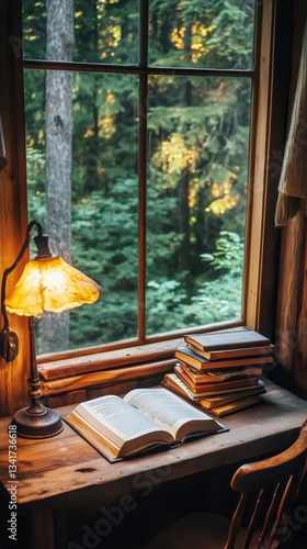Cozy Reading Nook With Sunlight Streaming Through Windows in a Rustic Cabin