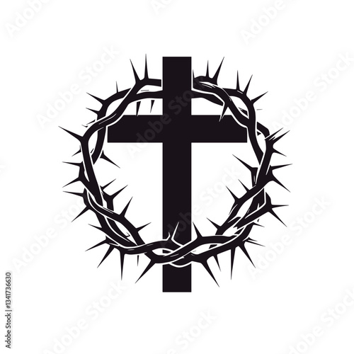 Black Cross with Crown of Thorns on Transparent Background, vector
