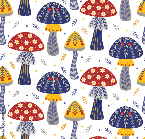 Seamless background with decorative mushrooms in bohemian style. Cute pattern of forest elements with floral ornaments