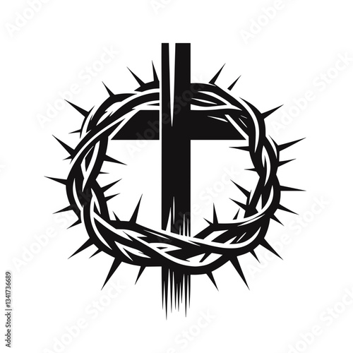 Black Cross with Crown of Thorns on Transparent Background, vector
