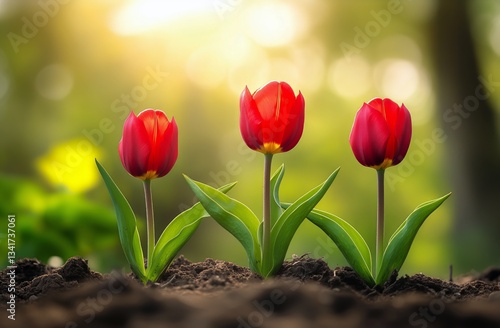 Bright Red Tulips Blooming in a Lush Garden During a Sunny Afternoon