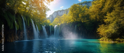 Majestic Waterfall Cascading Into Clear Turquoise Water in a Serene Forest Se...
