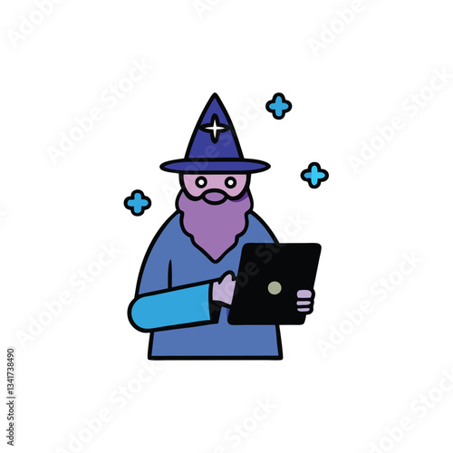 Wizard with Tablet – Magical Tech Fusion, Glowing Eyes, Arcane Symbols, Clipart Icon