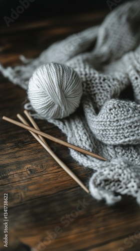 Knitting Supplies With Yarn and Needles on Wooden Surface During Crafting Ses...