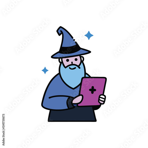 Wizard with Tablet – Magical Tech Fusion, Glowing Eyes, Arcane Symbols, Clipart Icon
