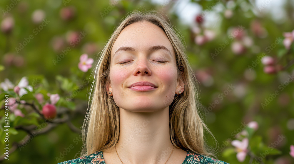 Woman with closed eyes enjoying spring day in blooming garden with soft natural light. Serene peaceful meditation concept for wellness programs and skincare campaigns Woman with closed eyes enjoying spring day in blooming garden with soft natural light. Serene peaceful meditation concept for wellness programs and skincare campaigns
