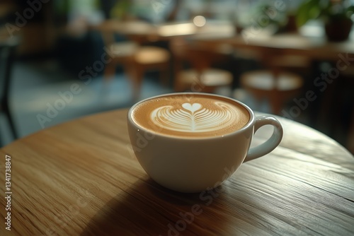 Warm Coffee Cup With Latte Art on a Wooden Table in a Cozy Cafe During Golden...