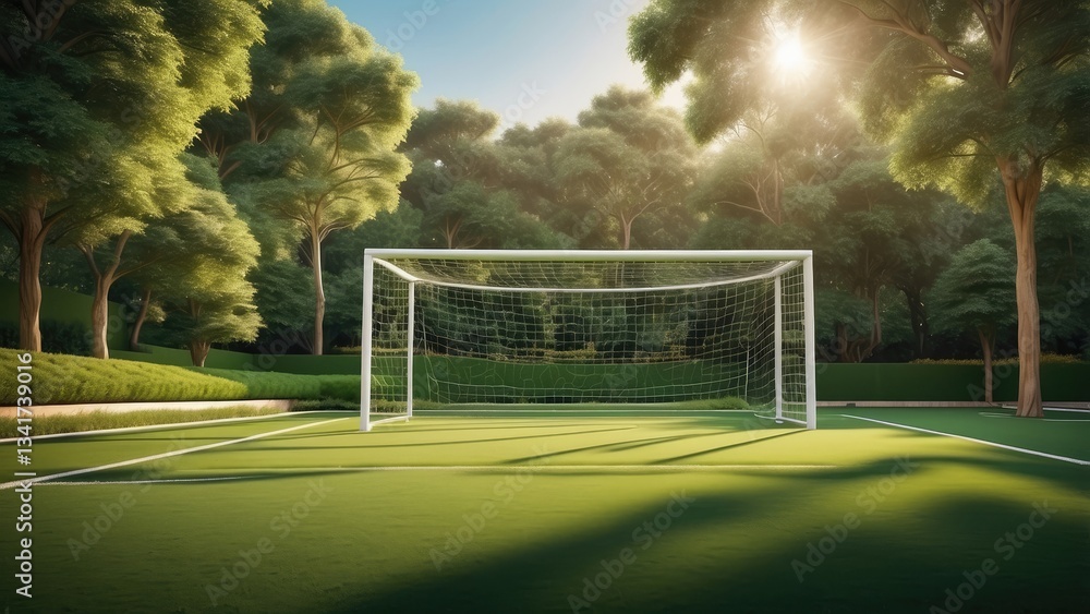 Fototapeta premium A panoramic view of a soccer field bathed in sunlight,