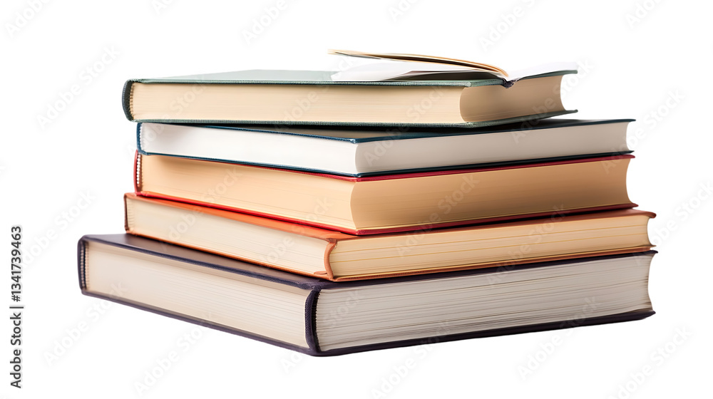 Stack of five colorful hardcover books piled neatly together Stack of five colorful hardcover books piled neatly together