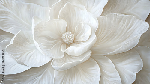 A creamy white magnolia in full bloom, with soft petals radiating from its intricate floral center.

