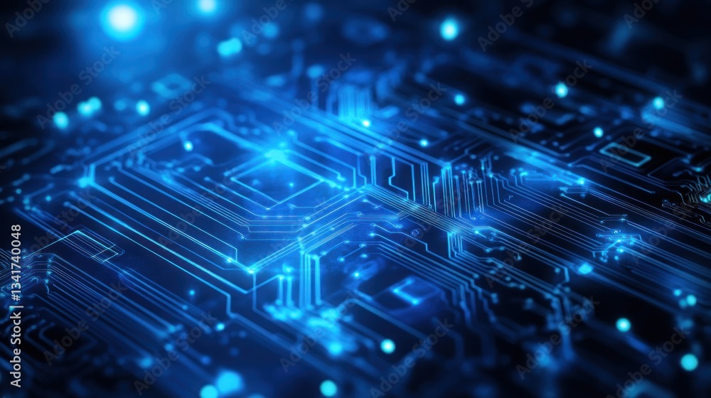 Fototapeta premium Abstract blue circuit board design with glowing lights