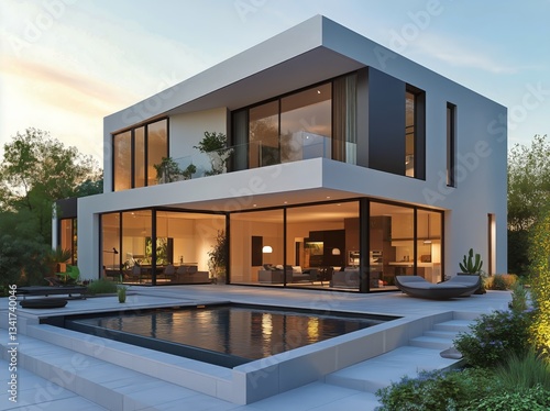 Modern Villa With Pool at Sunset in a Serene Mountainous Location