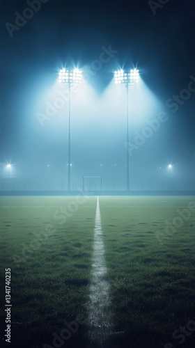 Fog Envelops an Empty Soccer Field Illuminated by Bright Stadium Lights at Night