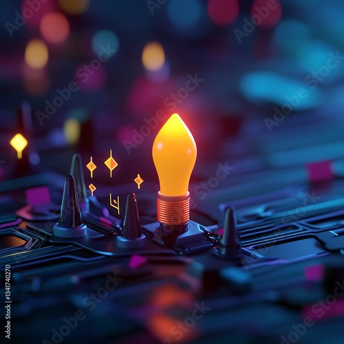 Illuminated light bulb positioned on a circuit board with intricate wiring and electronic components