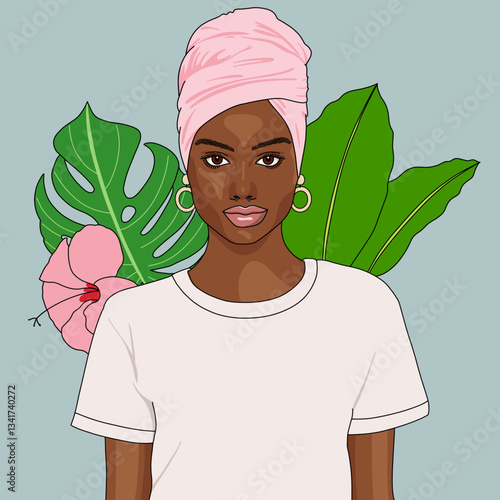 Charming Woman with Turban and Plant Portrait
