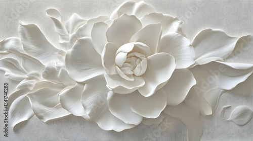 A sculptural white camellia in full bloom, showcasing layered petals and a perfect spiral formation.

