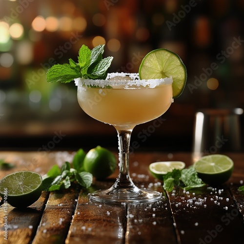Refreshing Margarita Served on a Wooden Table With Lime and Mint at a Lively ...
