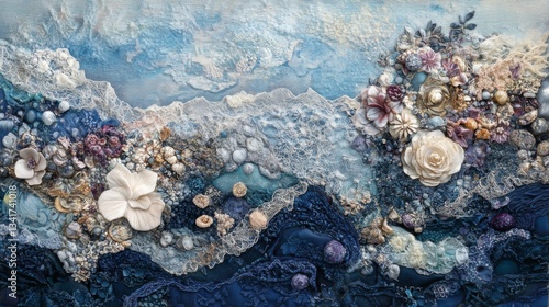 Fototapeta Naklejka Na Ścianę i Meble -  Seashell and Flower Textured Collage in Blue and Beige