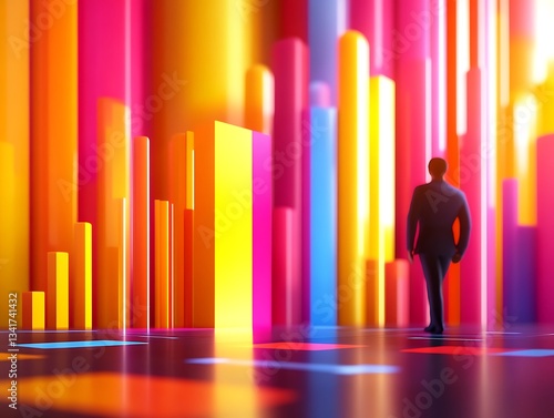 Vibrant and colorful urban landscape with a person standing in front of a bright cityscape