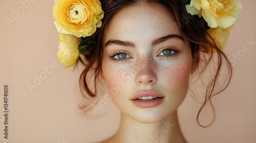 Model With Freckles and Yellow Flowers Against a Pink Background During a Sum...