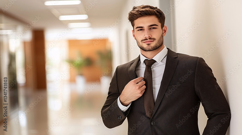Fototapeta premium young male professional in a sharp suit, adjusting his tie while standing in an office hallway, exuding confidence and professionalism, with a clean, modern office backdrop. Copy space. young 