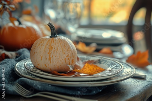 Autumn Table Setting With Pumpkins and Colorful Leaves for a Seasonal Gathering