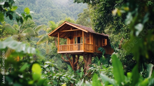 Cozy Treehouse Nestled in Lush Green Rainforest Surrounded by Diverse Foliage...