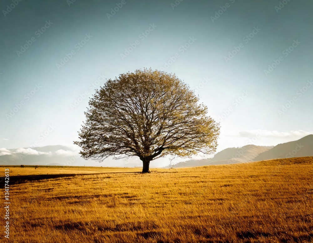 A solitary tree stands at sunrise in a tranquil landscape, with warm hues and a frosty field. Ideal for nature, landscape, and serene themes. Minimal landscape with only one tree.