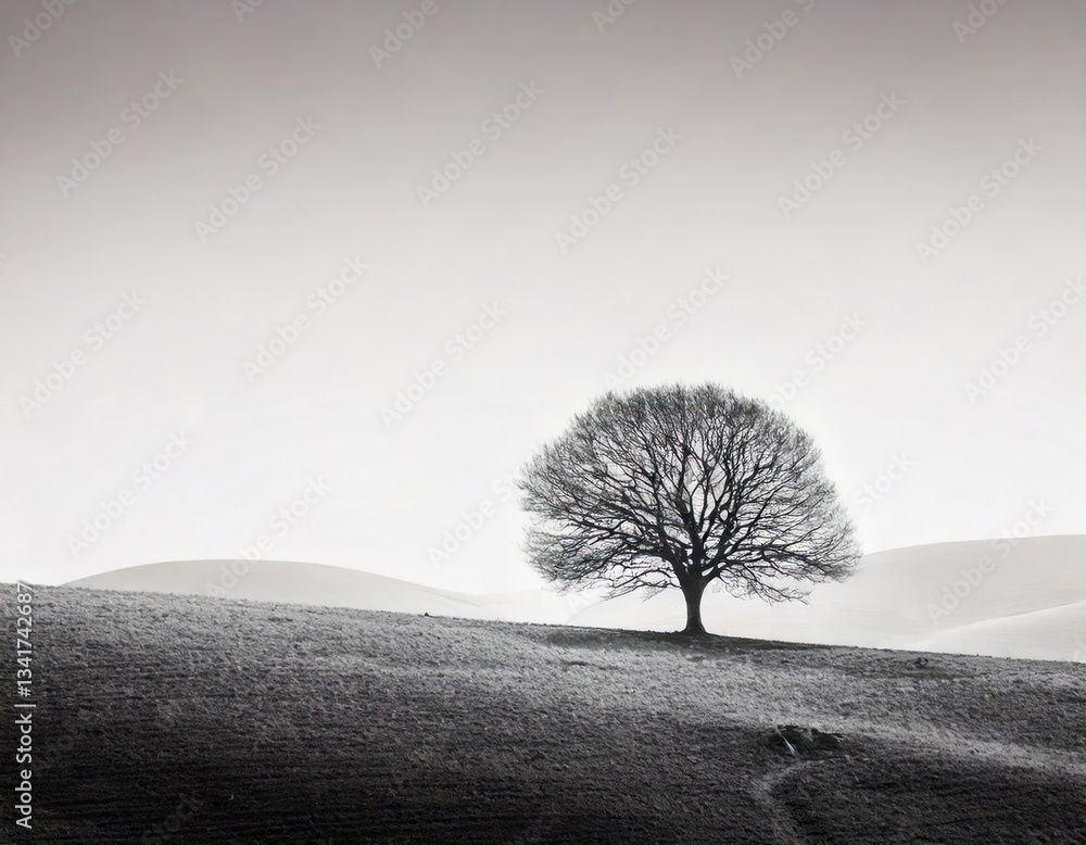 Minimal landscape with only one tree. A solitary tree stands majestically in a black and white landscape, with rolling hills and a dramatic sky. for nature, landscape, and monochrome themes.