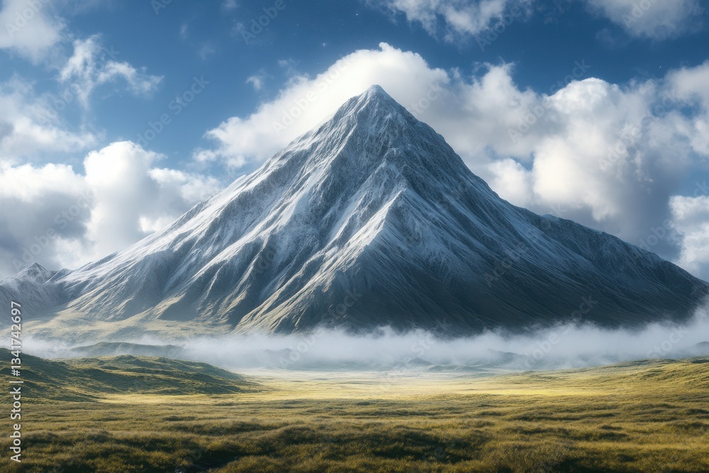 Fototapeta premium Majestic snow-capped mountain rises above lush green valley under a cloudy sky