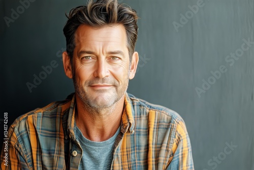 Portrait of a Smiling Man Wearing a Plaid Shirt Against a Dark Background Ind...