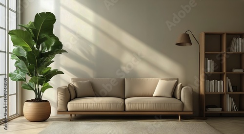 Modern Living Room With a Cozy Sofa and Indoor Plant in Soft Natural Light