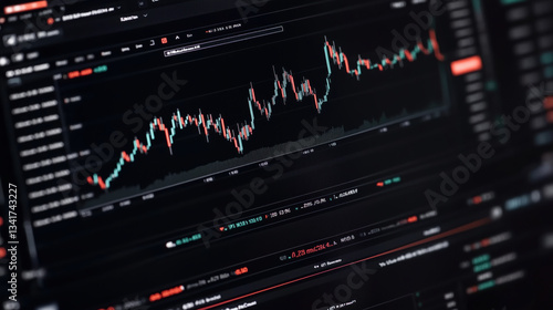 Obraz na płótnie Professional Trading Platform Interface Displaying Candlestick Chart with Technical Analysis on Dark Background for Financial Market Analysis, Investment Strategy Development and Technical Trading w salonie