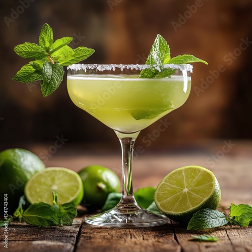 Refreshing Lime Margarita Garnished With Mint Served on Rustic Wooden Table