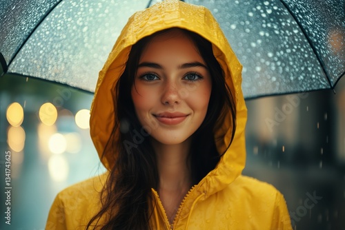 Smiling Woman in Yellow Rain Jacket Enjoys Rainy Day in City Park