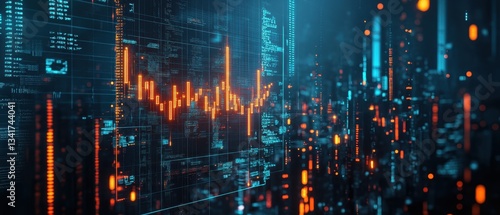 A dynamic digital visualization displaying data graphs and metrics, representing financial analytics and technology.