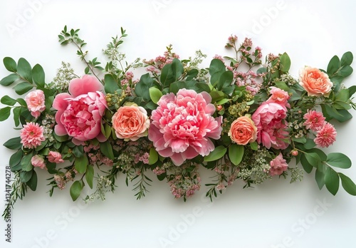Colorful Floral Arrangement With Peonies and Greenery on Soft Blue Background