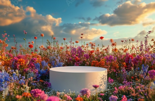 Bright Flowers Surround a Circular Platform Under a Blue Sky With Fluffy Clou...