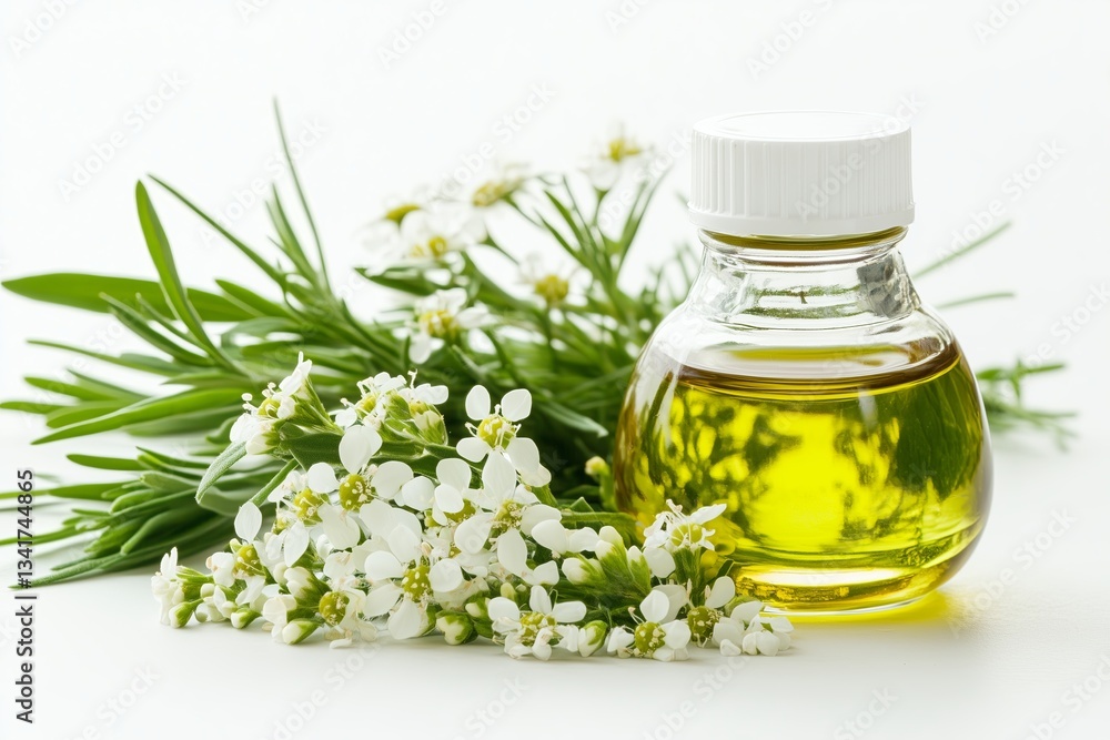 A small bottle of essential oil with an empty label stands on a textured surface surrounded by a green, blurred natural background. Perfect for wellness or spa marketing. A small bottle of essential oil with an empty label stands on a textured surface surrounded by a green, blurred natural background. Perfect for wellness or spa marketing.