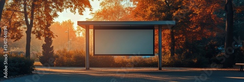 Bus Stop Shelter Surrounded by Colorful Autumn Trees in a Serene Park Setting