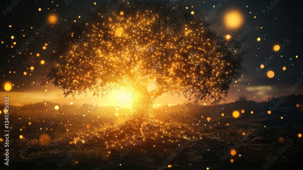 Naklejka premium Glowing Tree with Sunset Landscape.