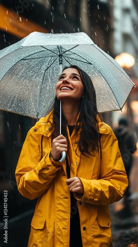 Woman in Yellow Raincoat Smiles Under Umbrella During Rainy Day in City Street