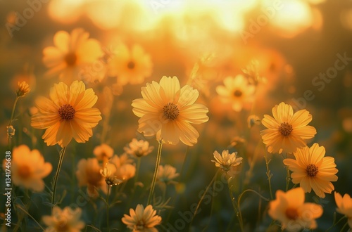 Bright Yellow Flowers Bloom in a Sunny Field During Golden Hours Warm Glow