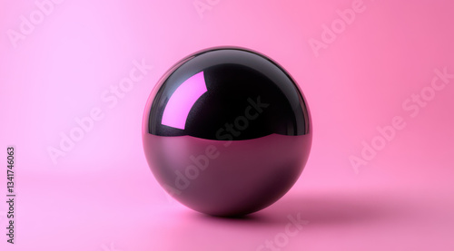 Glossy Black Sphere with Pink Neon Reflection, Copy Space Background
