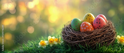 Colorful Easter Eggs Nestled in a Decorative Nest Surrounded by Blooming Flow...