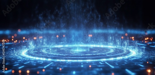 Bright Blue Digital Vortex With Glowing Circular Patterns and Streaming Light Effects in Dark Space